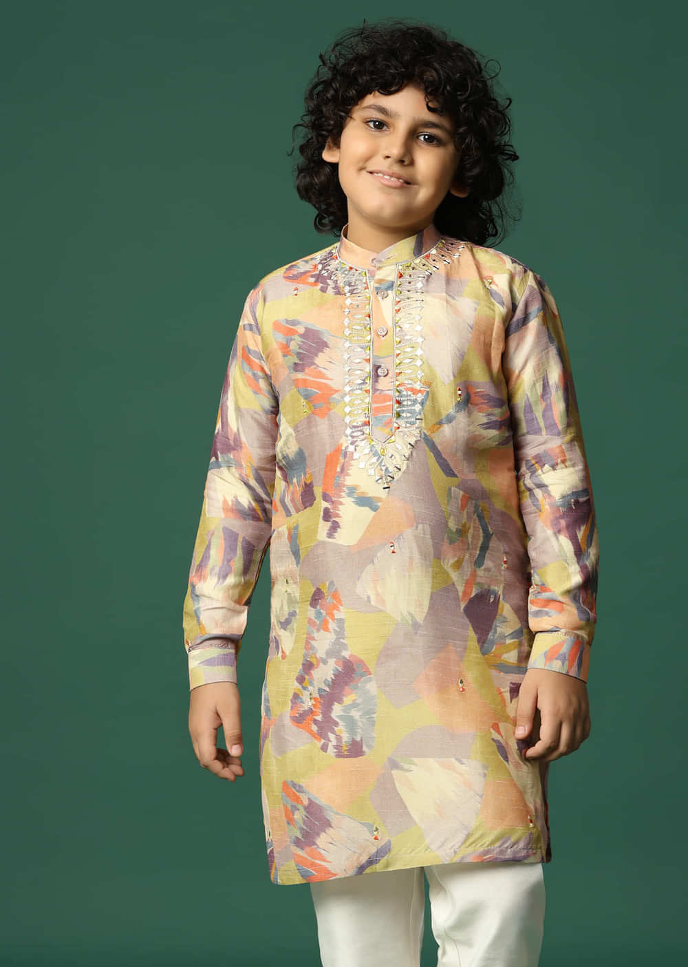 Multicolour Printed Silk Kurta Pant For Boys