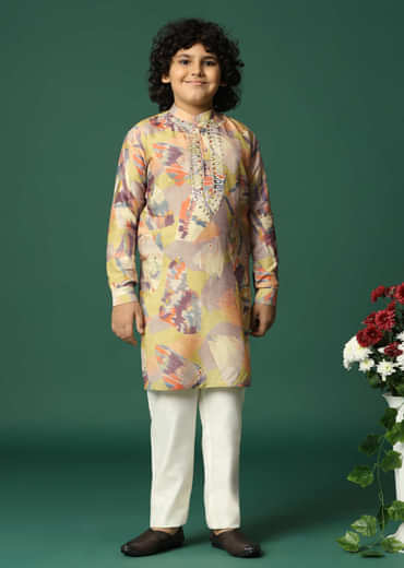 Multicolour Printed Silk Kurta Pant For Boys