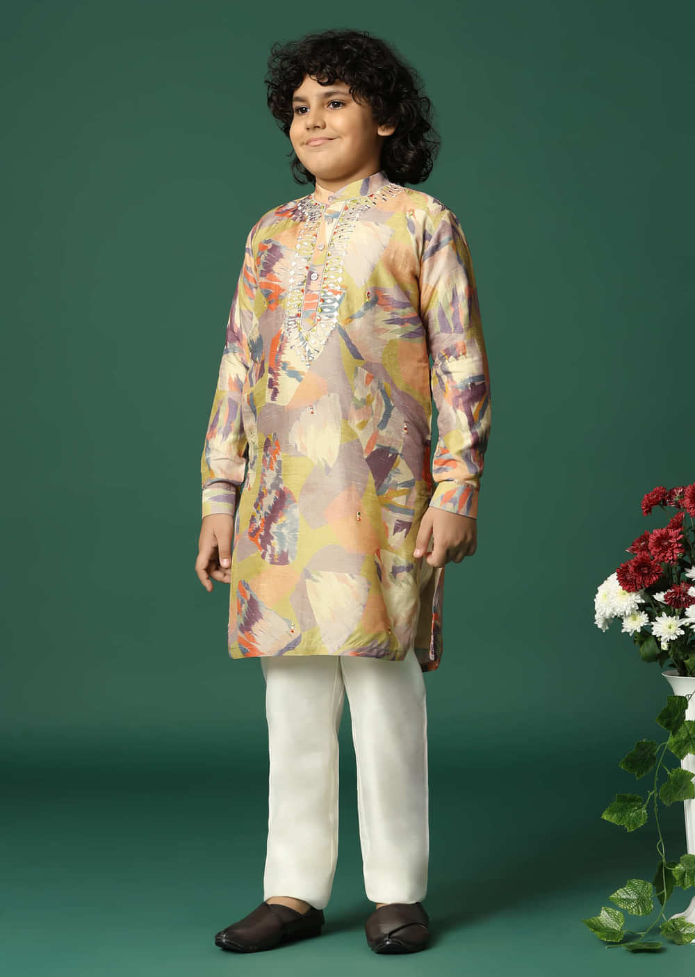 Multicolour Printed Silk Kurta Pant For Boys
