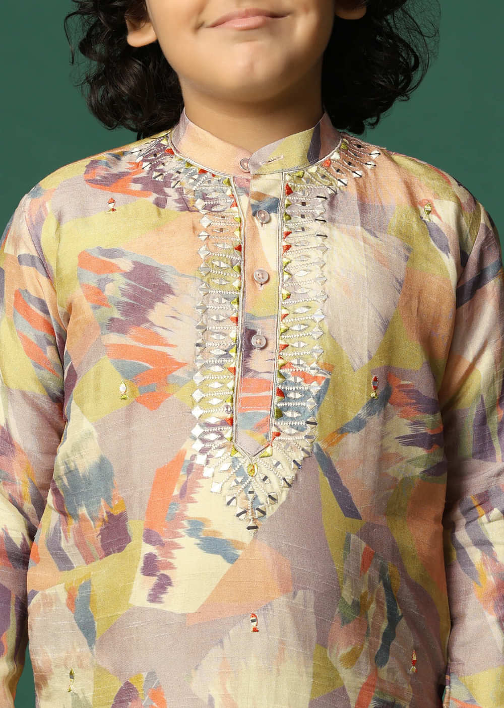 Multicolour Printed Silk Kurta Pant For Boys