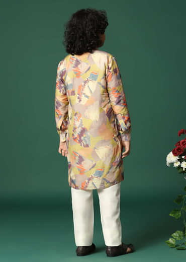 Multicolour Printed Silk Kurta Pant For Boys