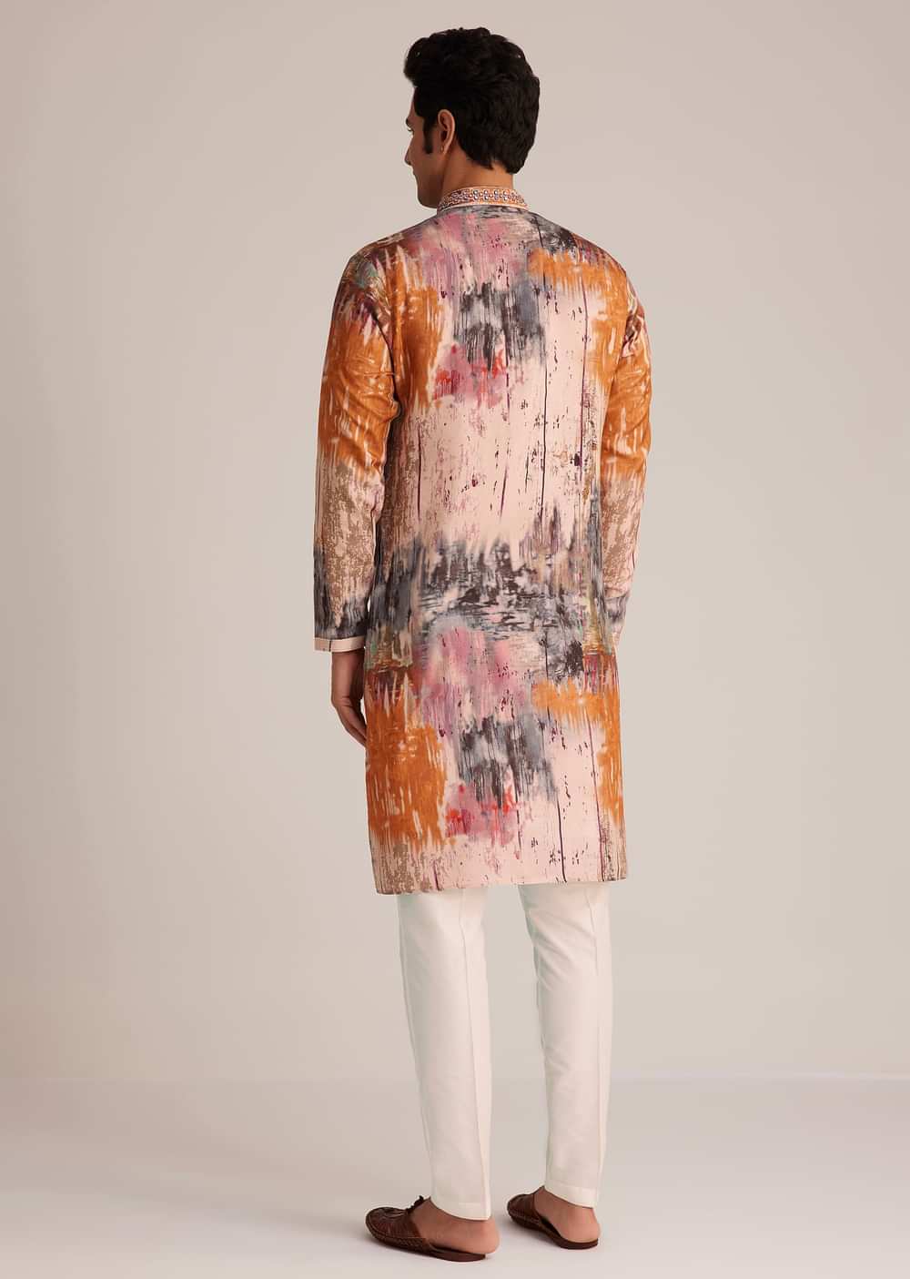 Multicolour Printed Silk Kurta Set With Mirror Work