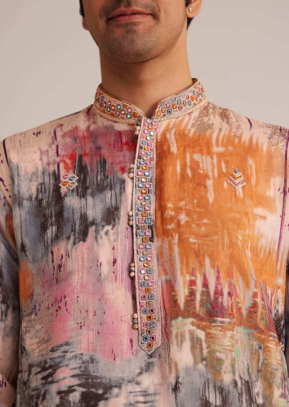 Multicolour Printed Silk Kurta Set With Mirror Work