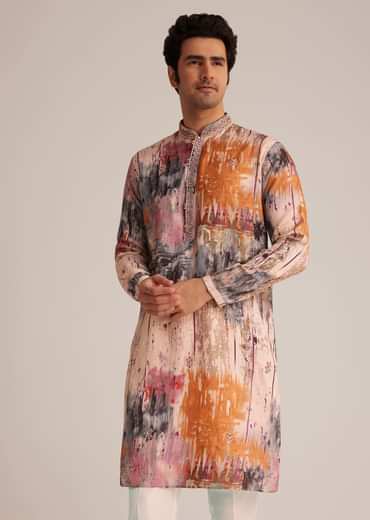 Multicolour Printed Silk Kurta Set With Mirror Work