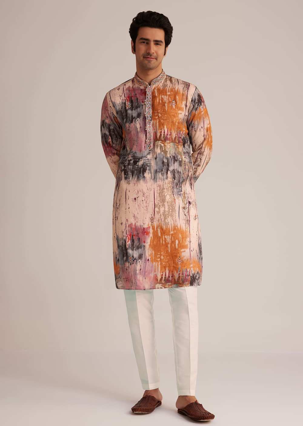 Multicolour Printed Silk Kurta Set With Mirror Work