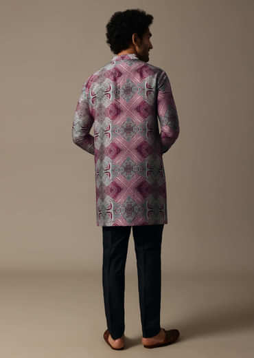 Multicolour Printed Silk Short Kurta Set For Men