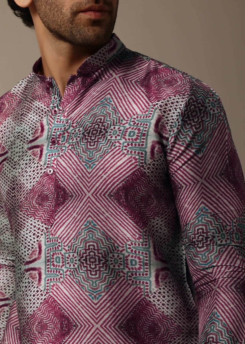 Multicolour Printed Silk Short Kurta Set For Men