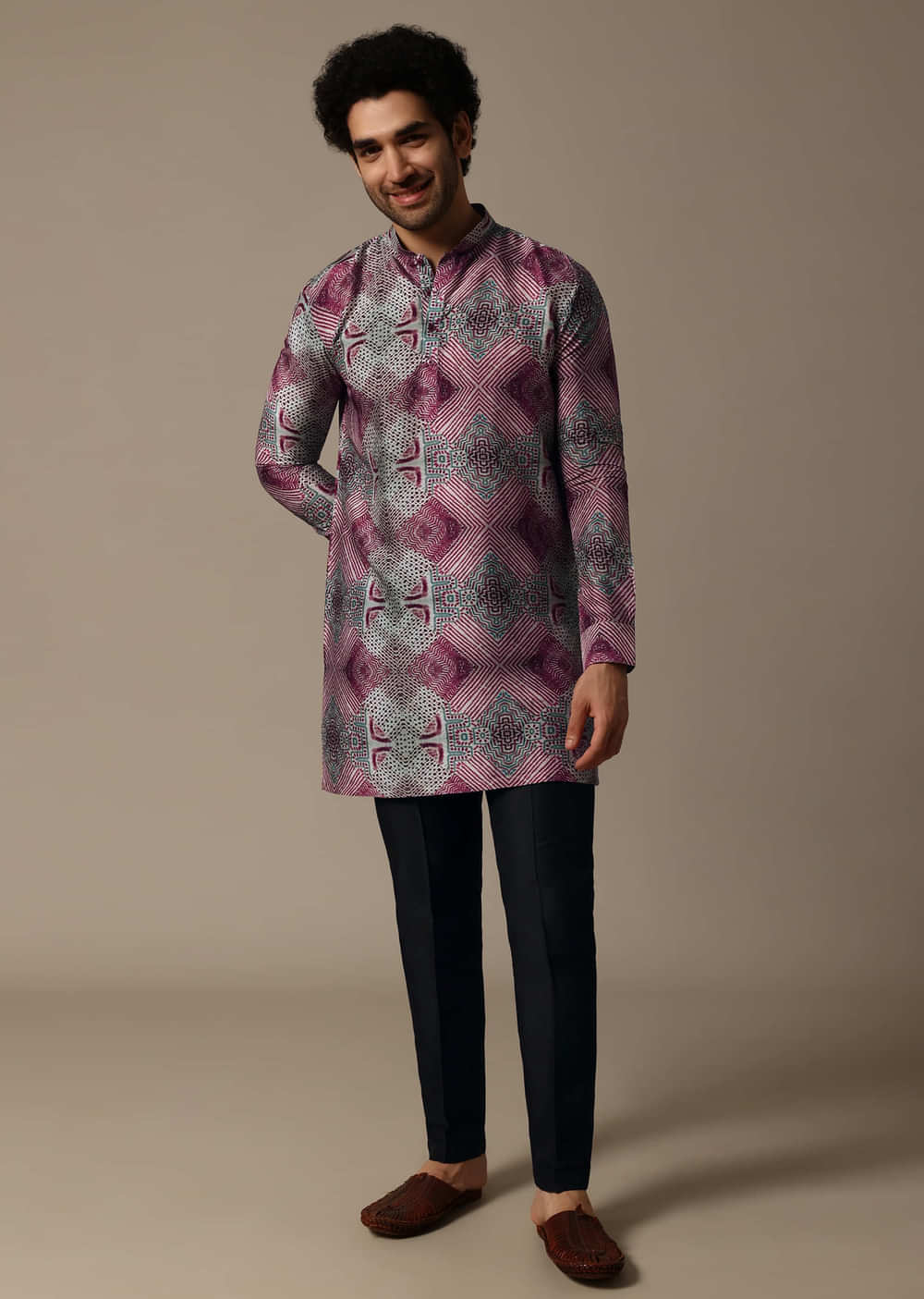 Multicolour Printed Silk Short Kurta Set For Men