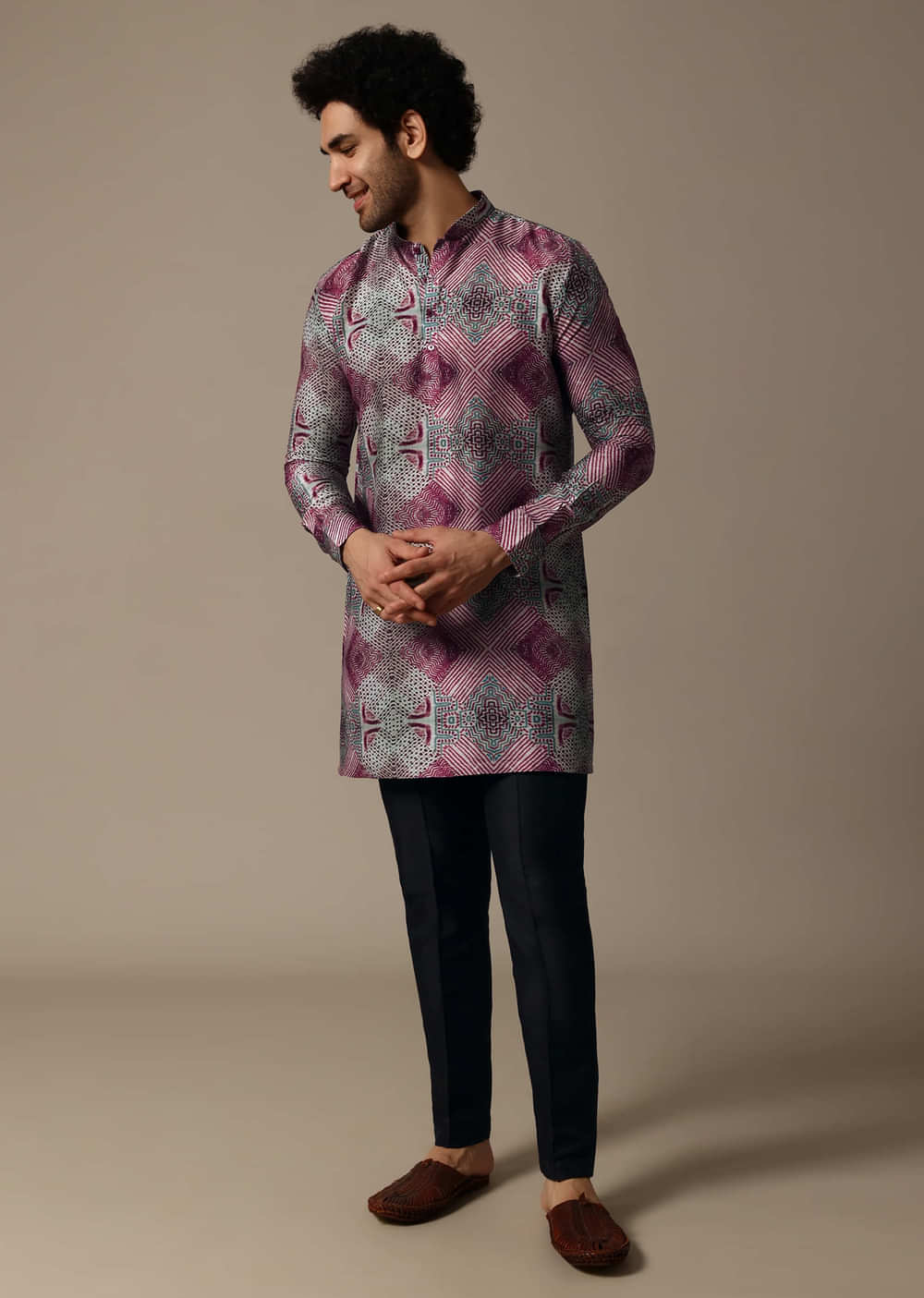 Multicolour Printed Silk Short Kurta Set For Men