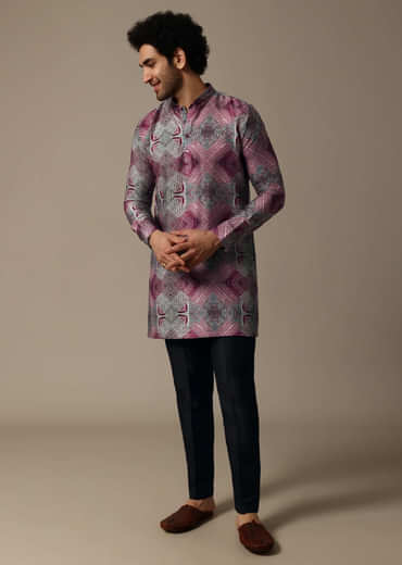 Multicolour Printed Silk Short Kurta Set For Men