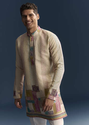 Multicolour Silk Kurta Jacket Set For Men With Intricate Thread Work