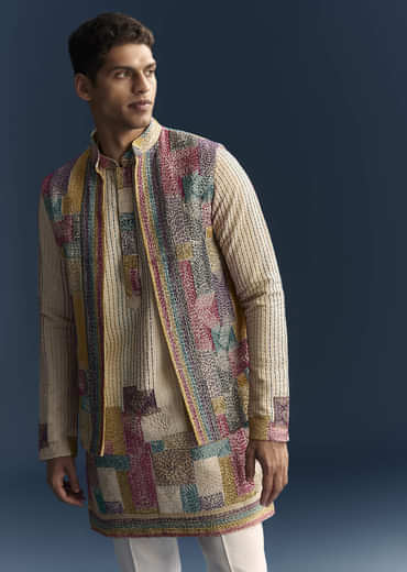 Multicolour Silk Kurta Jacket Set For Men With Intricate Thread Work