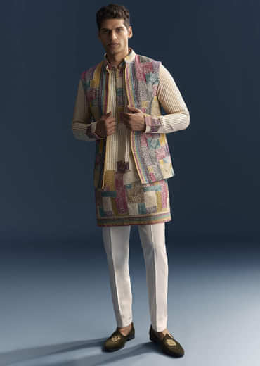Multicolour Silk Kurta Jacket Set For Men With Intricate Thread Work