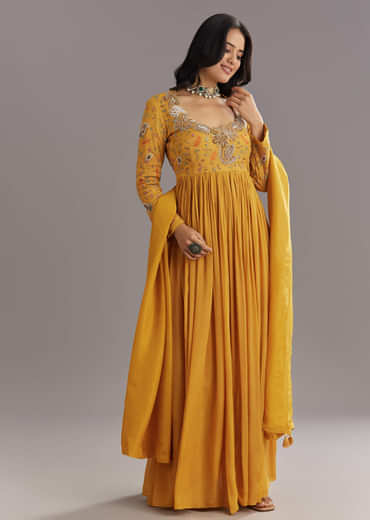 Mustard Chinon Anarkali Set With Moti Zari and Cut Dana Embroidery