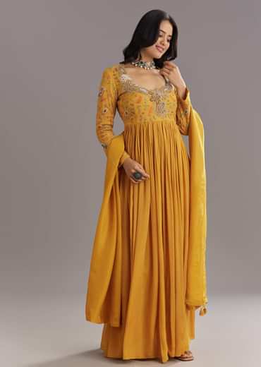 Mustard Chinon Anarkali Set With Moti Zari and Cut Dana Embroidery