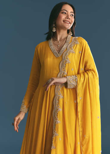 Mustard Chinon Anarkali Suit With Zardosi Work Dupatta