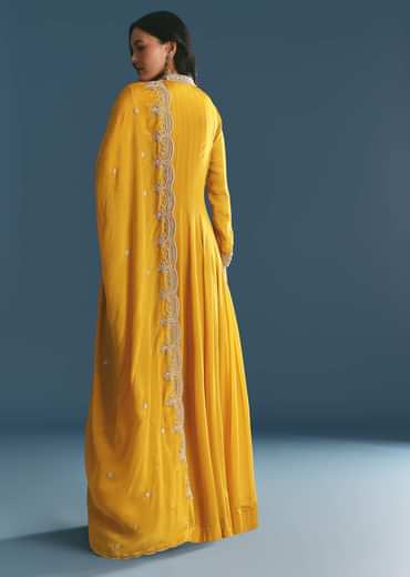 Mustard Chinon Anarkali Suit With Zardosi Work Dupatta