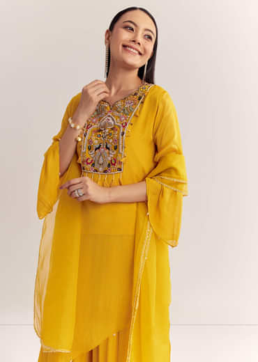 Mustard Chinon Asymmetrical Embroidered Kurta Set With Dupatta