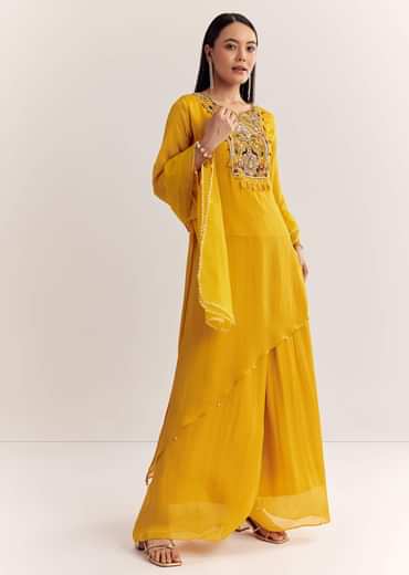 Mustard Chinon Asymmetrical Embroidered Kurta Set With Dupatta