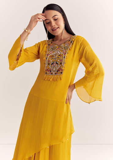 Mustard Chinon Asymmetrical Embroidered Kurta Set With Dupatta