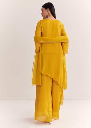 Mustard Chinon Asymmetrical Embroidered Kurta Set With Dupatta