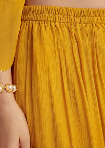 Mustard Chinon Asymmetrical Embroidered Kurta Set With Dupatta