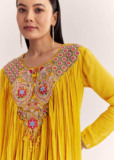 Mustard Chinon Flared Kurta With Thread Work