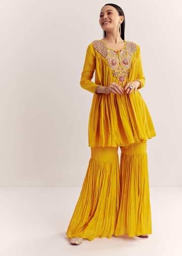 Mustard Chinon Flared Kurta With Thread Work