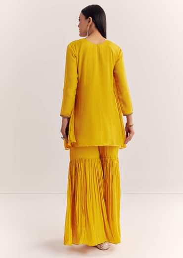 Mustard Chinon Flared Kurta With Thread Work