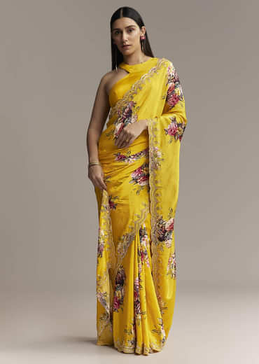 Mustard Crepe Saree With Floral Print And Mirror Border