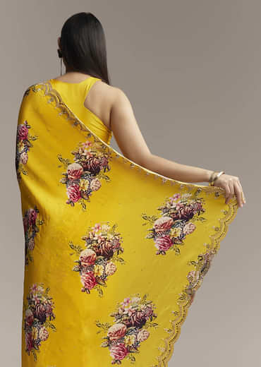 Mustard Crepe Saree With Floral Print And Mirror Border