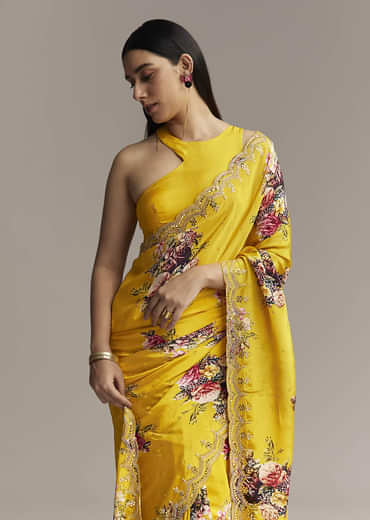 Mustard Crepe Saree With Floral Print And Mirror Border