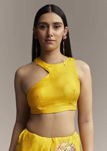 Mustard Crepe Saree With Floral Print And Mirror Border