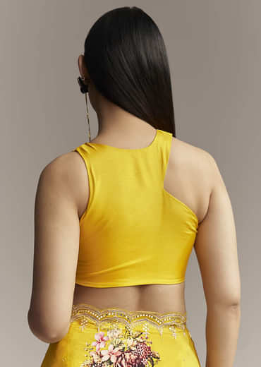 Mustard Crepe Saree With Floral Print And Mirror Border