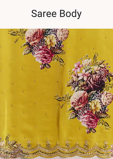 Mustard Crepe Saree With Floral Print And Mirror Border