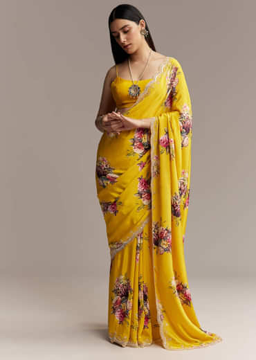 Mustard Floral Crepe Saree With Embroidered Scallop Border