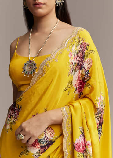 Mustard Floral Crepe Saree With Embroidered Scallop Border