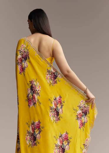Mustard Floral Crepe Saree With Embroidered Scallop Border