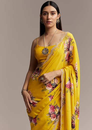 Mustard Floral Crepe Saree With Embroidered Scallop Border
