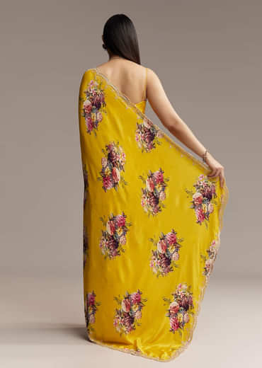 Mustard Floral Crepe Saree With Embroidered Scallop Border