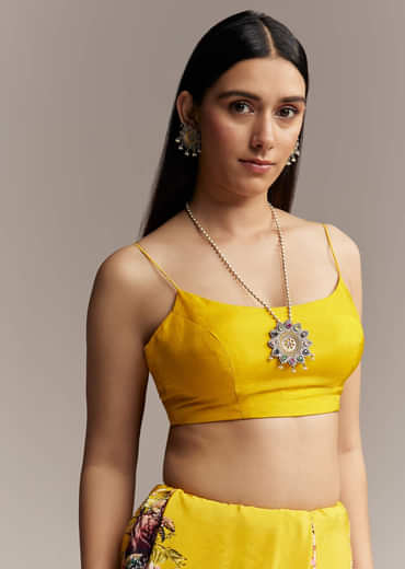Mustard Floral Crepe Saree With Embroidered Scallop Border