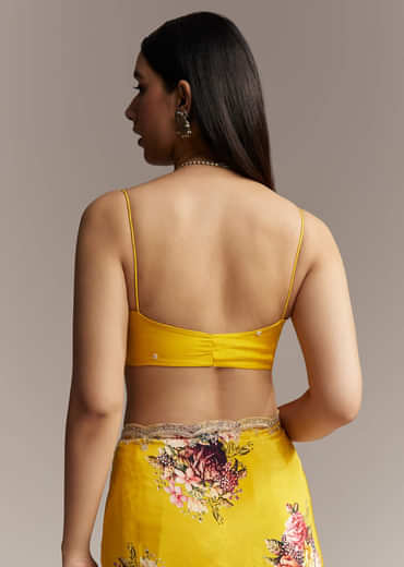 Mustard Floral Crepe Saree With Embroidered Scallop Border