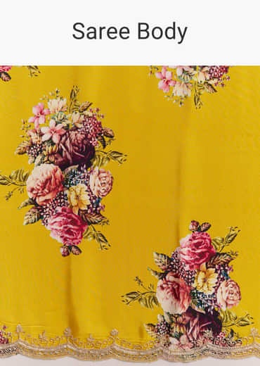 Mustard Floral Crepe Saree With Embroidered Scallop Border