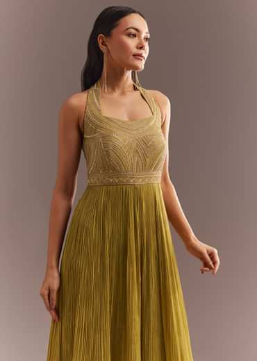 Mustard French Tissue Jumpsuit With Cutdana Work