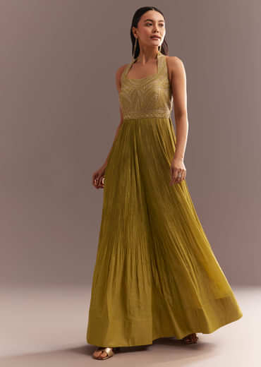Mustard French Tissue Jumpsuit With Cutdana Work