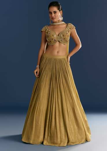 Mustard French Tissue Lehenga With Embroidered Blouse And Choker Dupatta