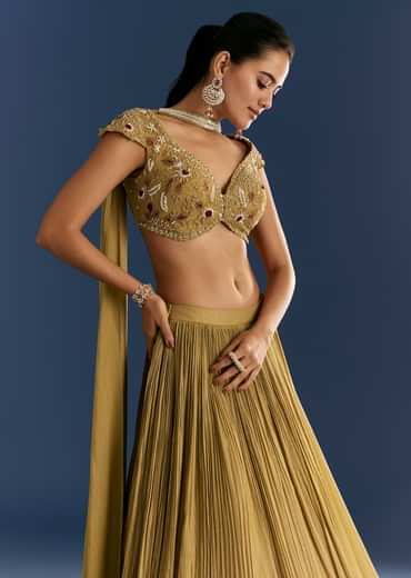 Mustard French Tissue Lehenga With Embroidered Blouse And Choker Dupatta