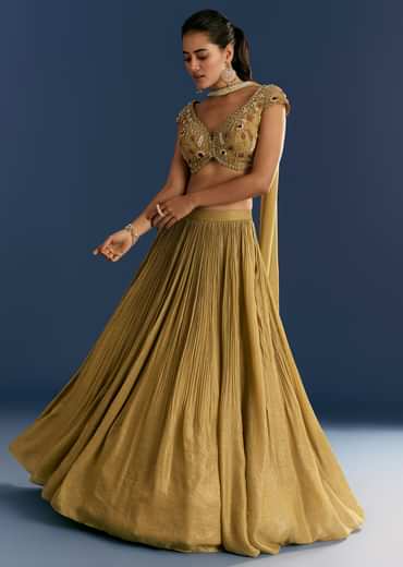 Mustard French Tissue Lehenga With Embroidered Blouse And Choker Dupatta