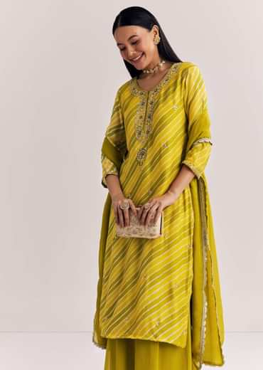Mustard Leheriya Kurta Palazzo Suit With Cutdana And Sequins Work