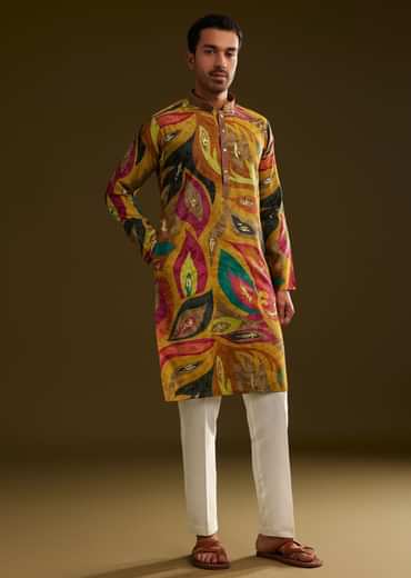 Mustard Multi Color Silk Abstract Printed Kurta Set